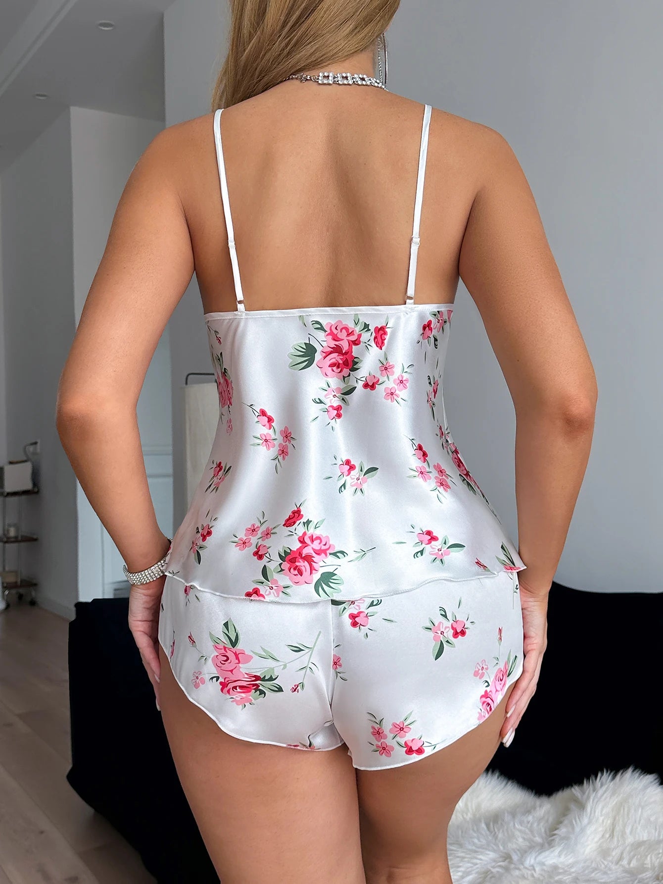 V-Neck Lace Print Halter Pajama Shorts Set
