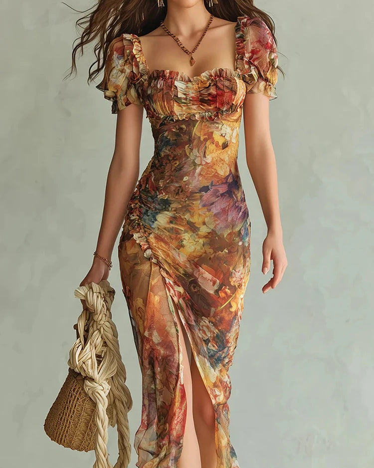 Square Neck High Slit Floral Print Maxi Dress