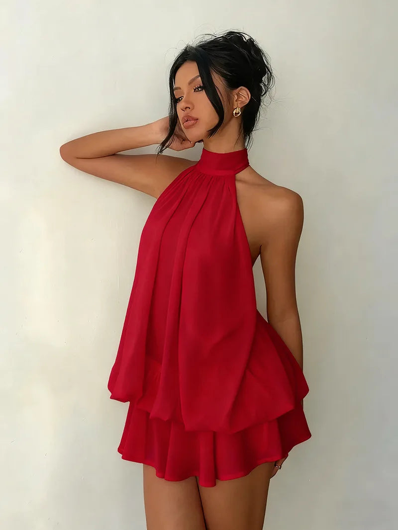 Halter Tie-Front Chiffon Sheer Backless Mini Dress