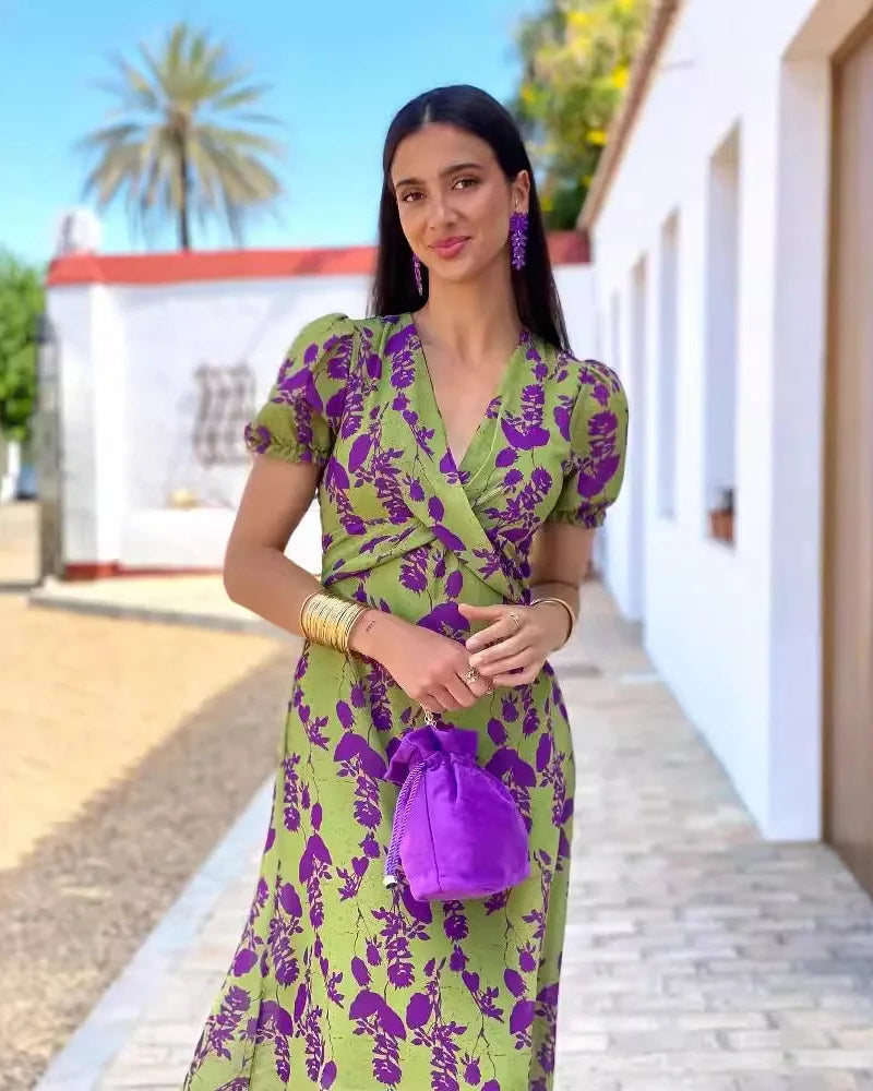 V-Neck Short Sleeve Pleated Print Casual Dress