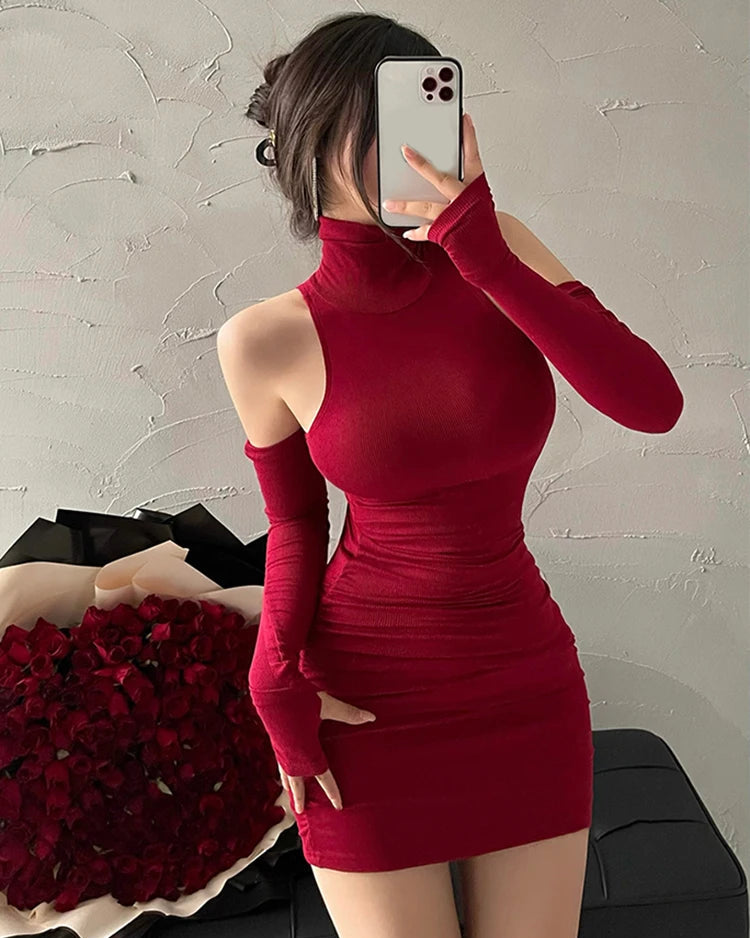 Women's High Neck Bodycon Mini Dress – Sleeveless Pleated Party Dress