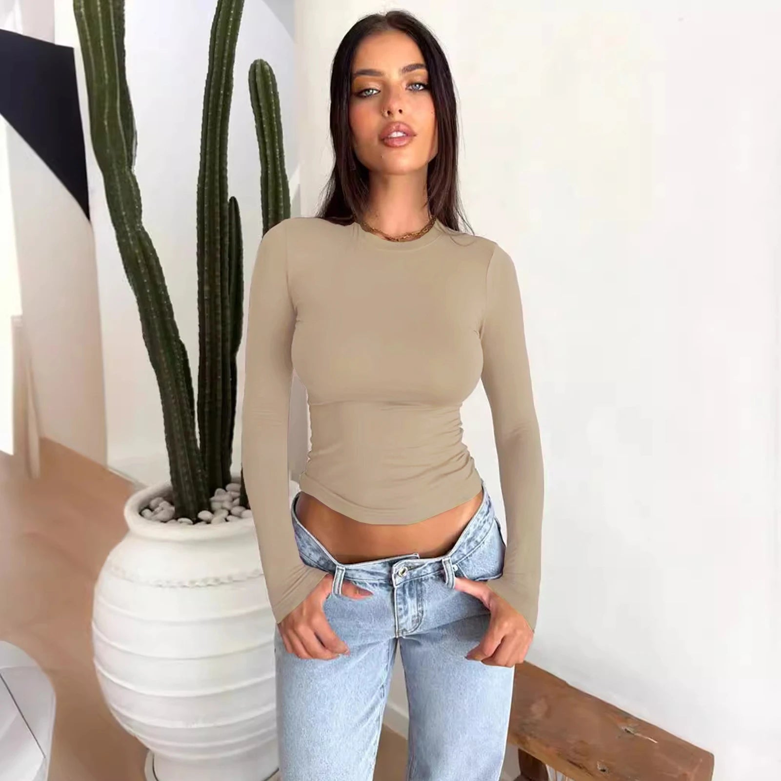 Y2K Long Sleeve Crop Top | O-Neck Skinny Pullover