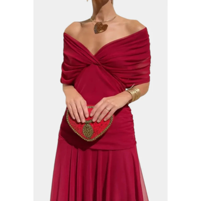 V-Neck Off Shoulder Mesh Print Elegant Midi Dress