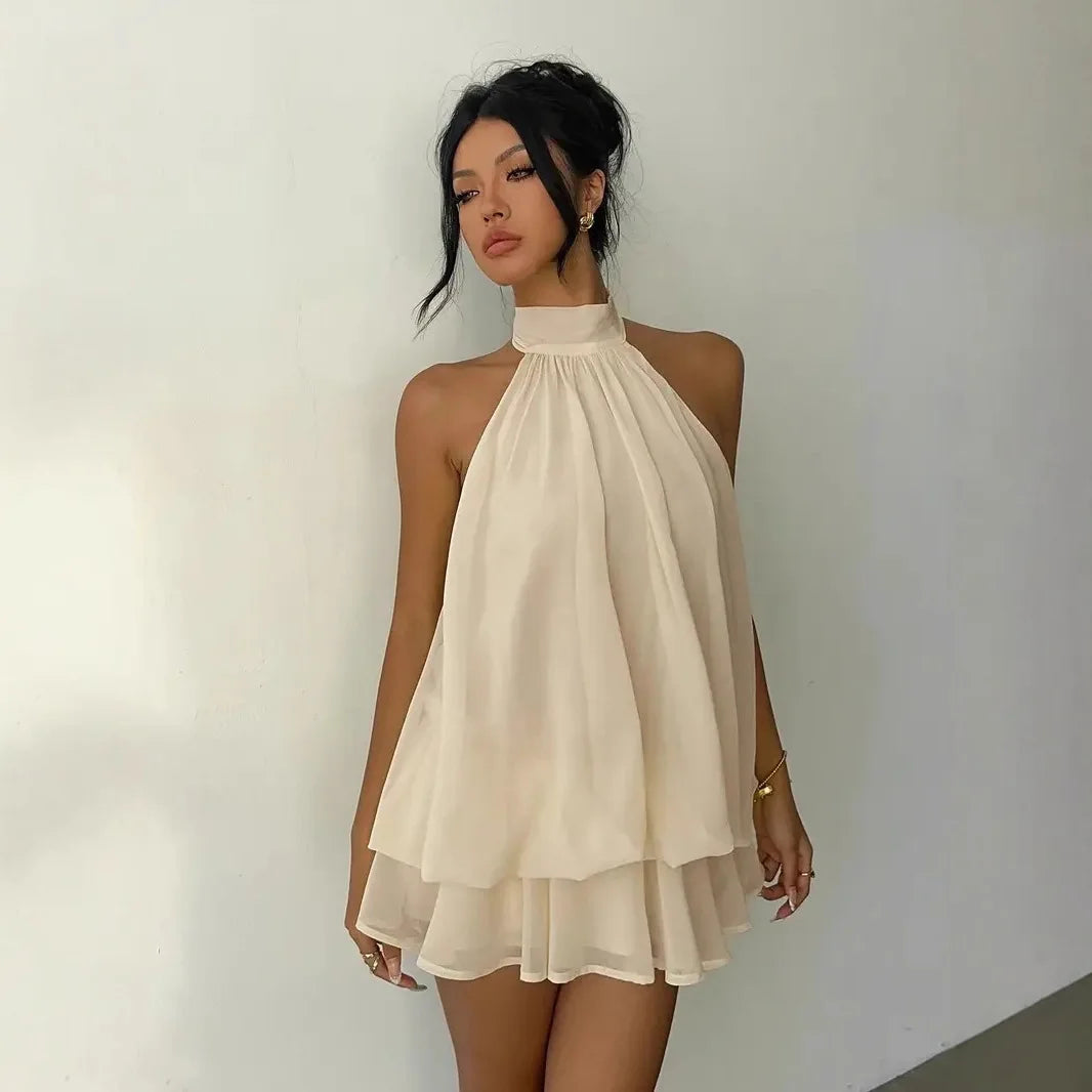 Halter Tie-Front Chiffon Sheer Backless Mini Dress