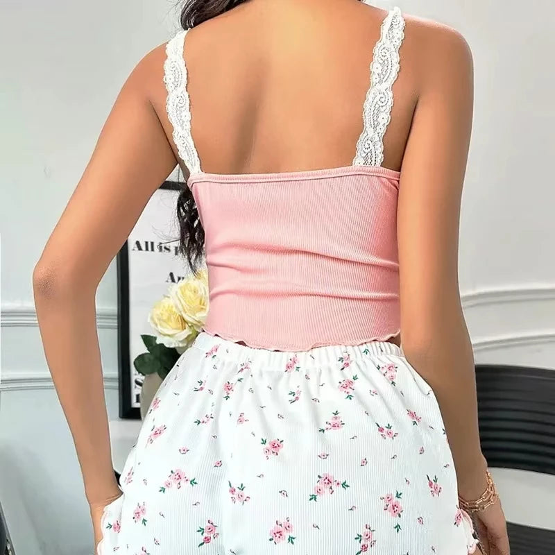 Lace Patchwork Cami Top & Printed Shorts Pajama Set