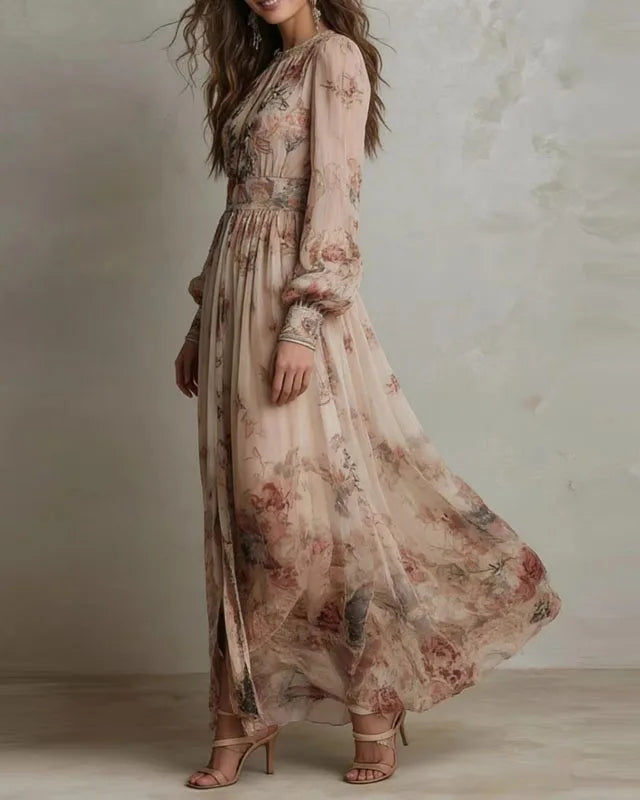 Women's Vintage Floral Print High Waist Pleated Maxi Dress