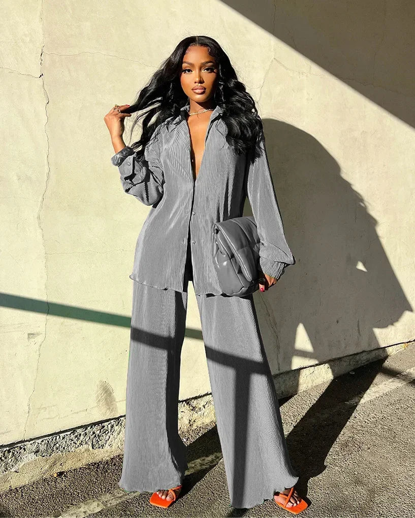 Long Sleeve Shirt & Wide Leg Pants Two-Piece Tracksuit