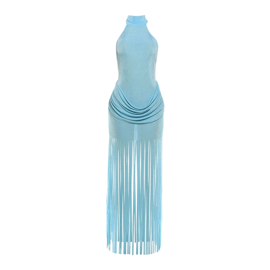 Velvet Halter Bodycon Mini Dress | Ruched Asymmetric Tassel Hem