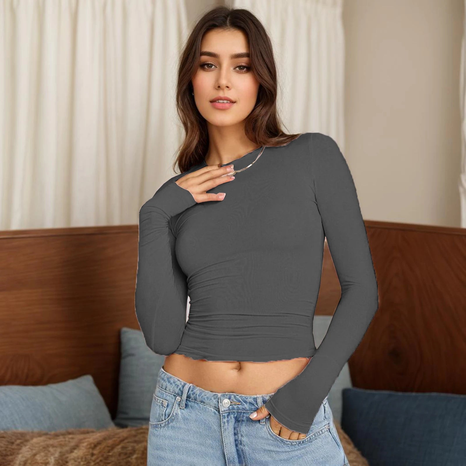 Y2K Long Sleeve Crop Top | O-Neck Skinny Pullover