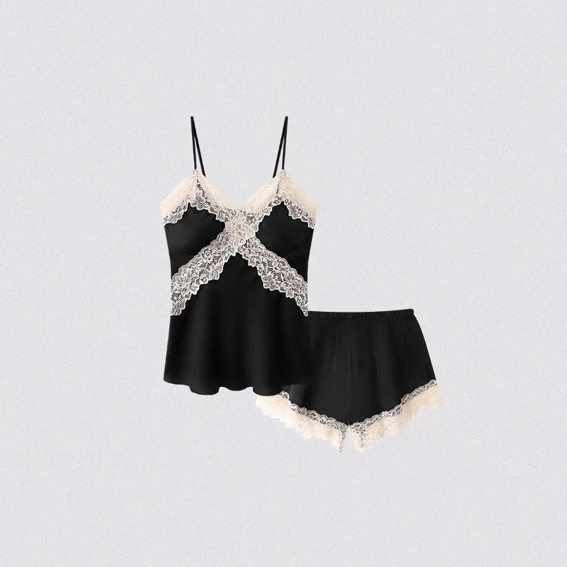 Satin Lace Trim Cami Top & Shorts Pajama Set