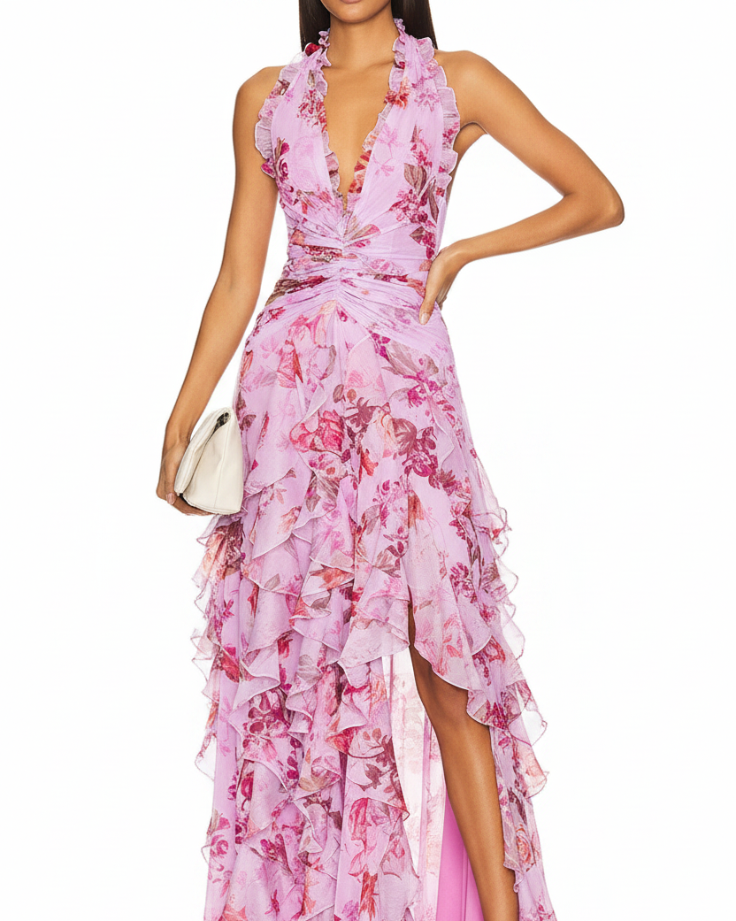 Deep V-Neck Halter Print Slim Party Maxi Dress