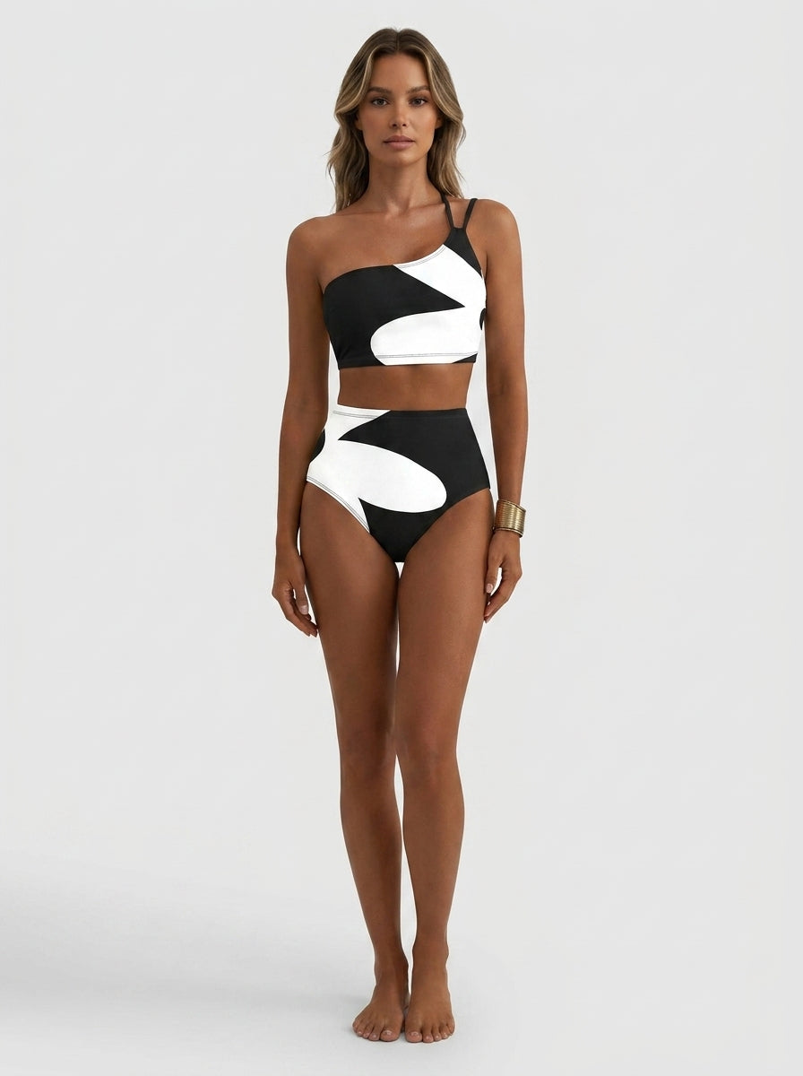 One Shoulder Patchwork High Waist Bikini