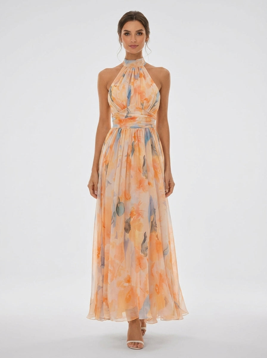 Floral Halter Neck Backless Long Beach Dress