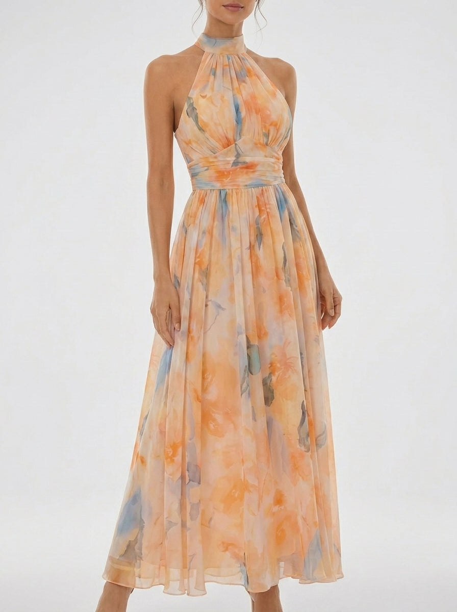 Floral Halter Neck Backless Long Beach Dress