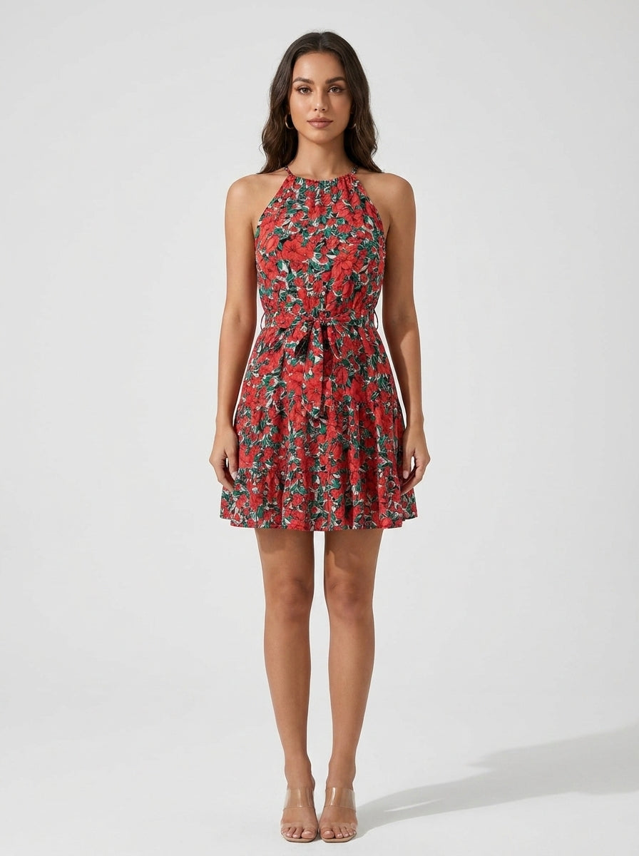 Floral Print Ruffle Halter Maxi Dress