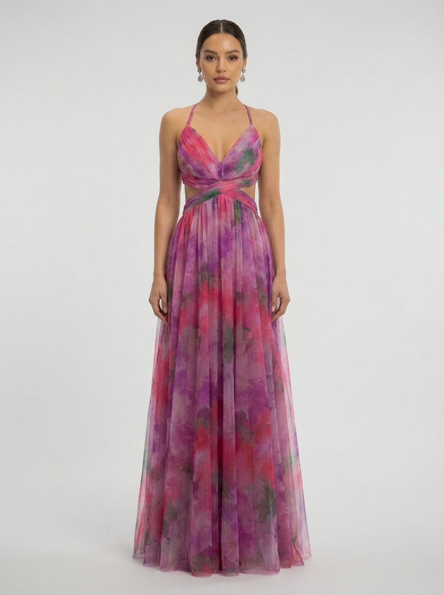 Mesh Floral Print Halter Neck Long Holiday Dress