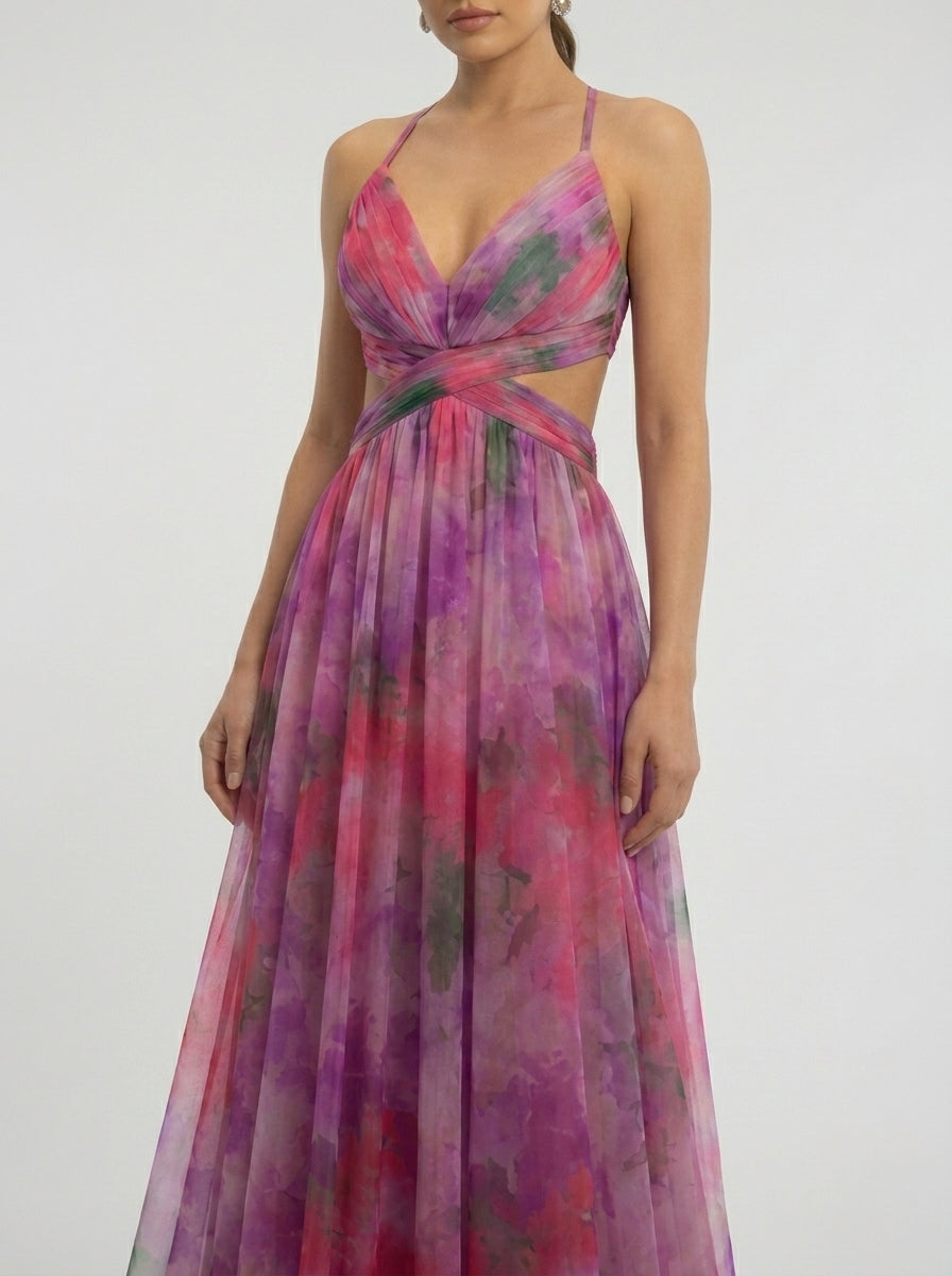 Mesh Floral Print Halter Neck Long Holiday Dress