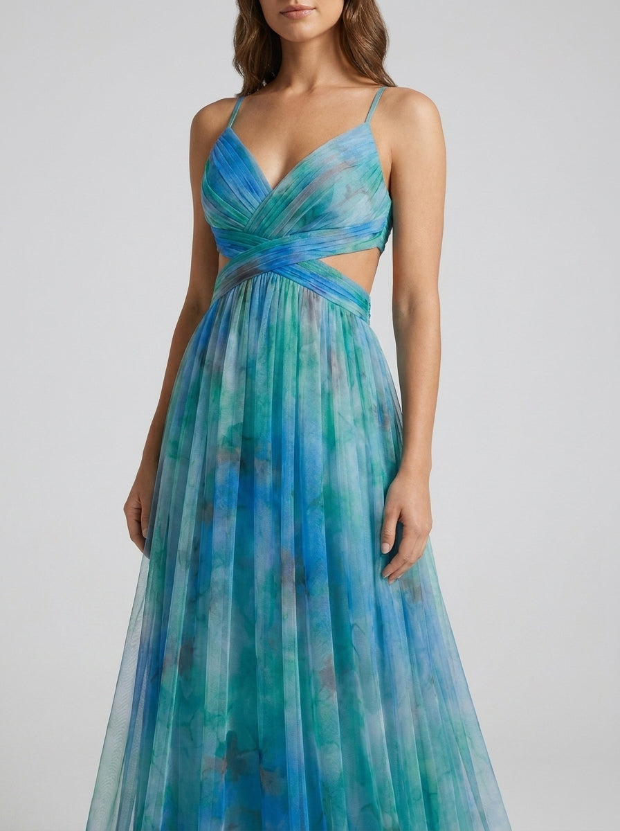 Mesh Floral Print Halter Neck Long Holiday Dress