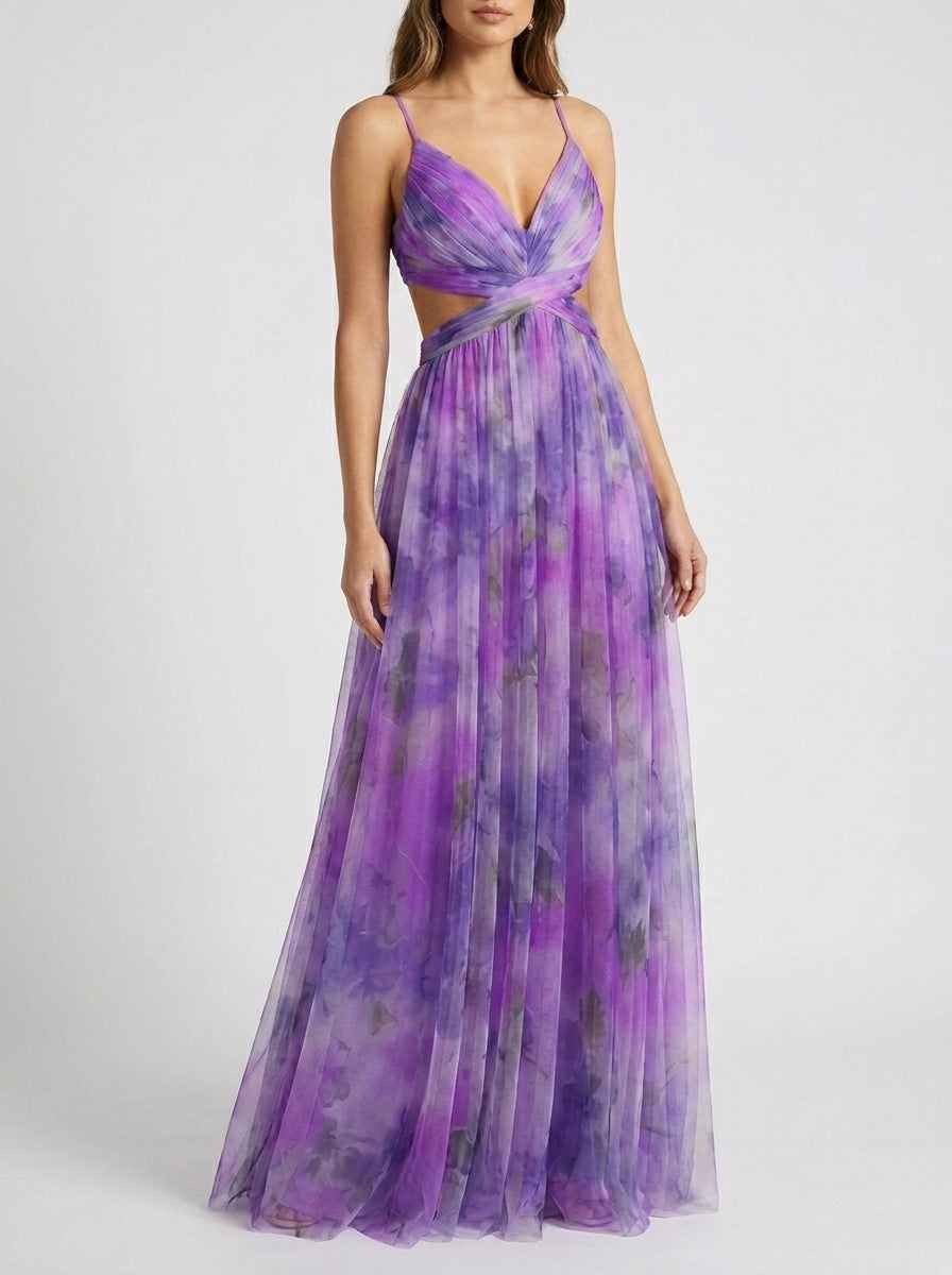 Mesh Floral Print Halter Neck Long Holiday Dress