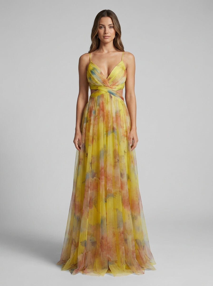 Mesh Floral Print Halter Neck Long Holiday Dress