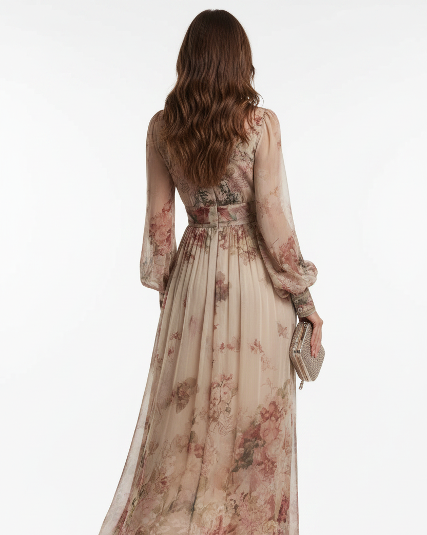 Women's Vintage Floral Print High Waist Pleated Maxi Dress - Back