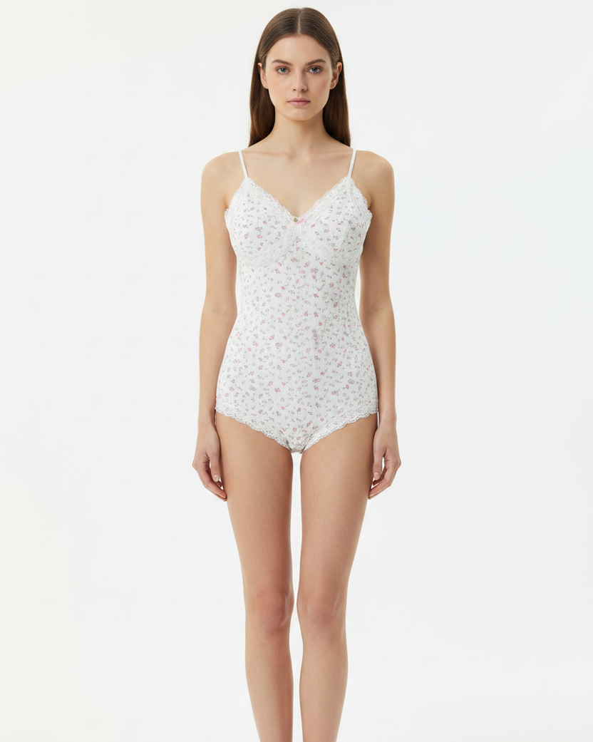 Floral Print Lace Trim Sleeveless Bodysuit - Front