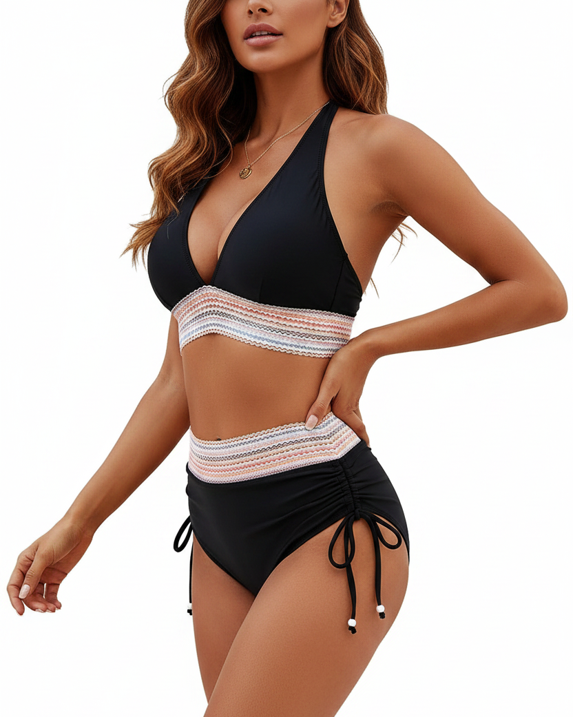 High Waist Split Bikini Swimsuit Set - Three Quarter