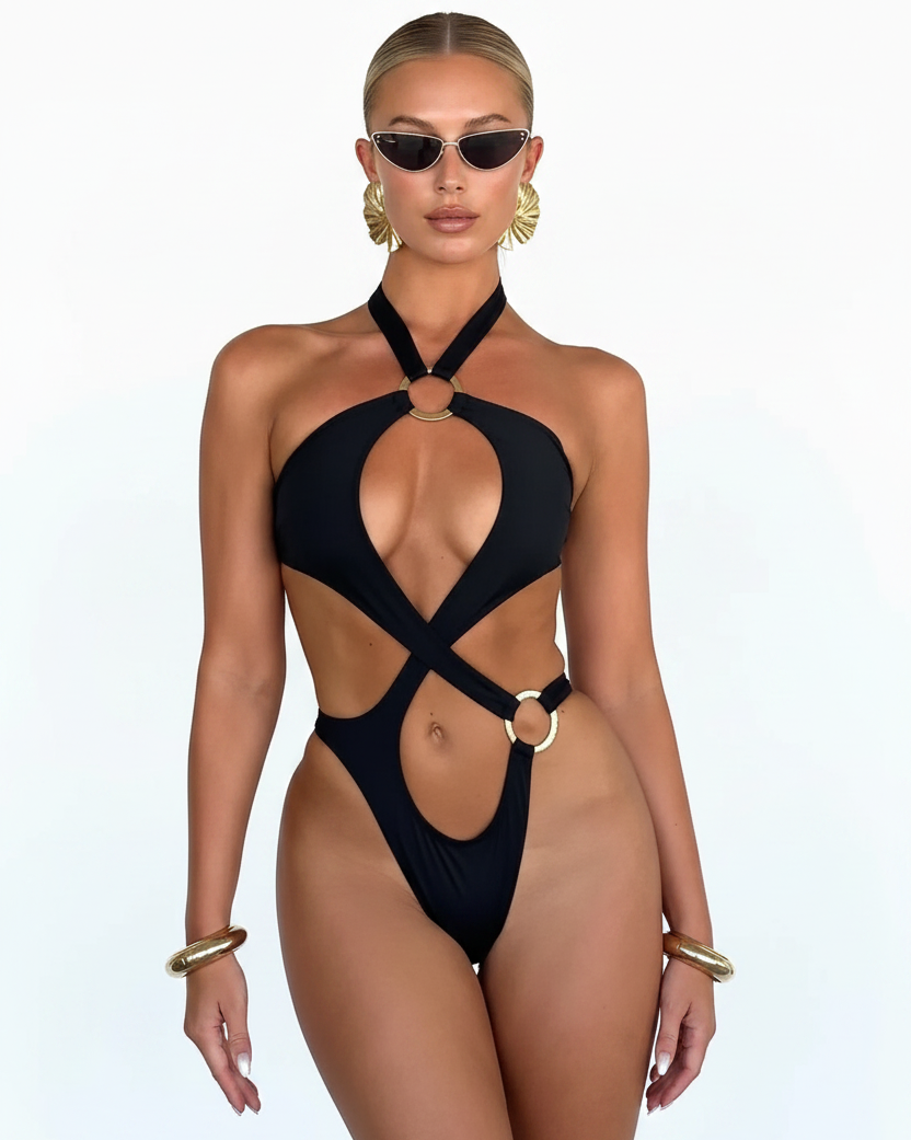 Halter Tummy Cut Out High Cut Monokini - Front