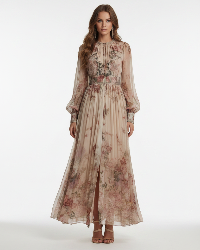 Women's Vintage Floral Print High Waist Pleated Maxi Dress - Front
