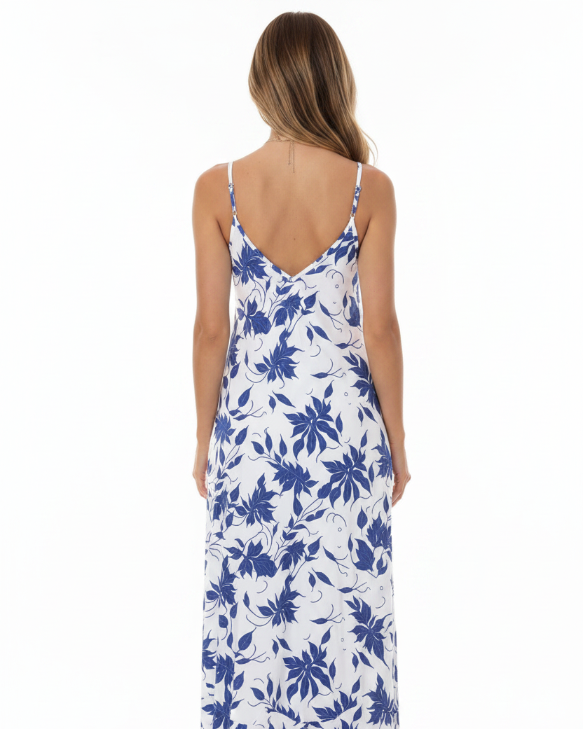 Blue Floral Print V-Neck Sling Dress - Back