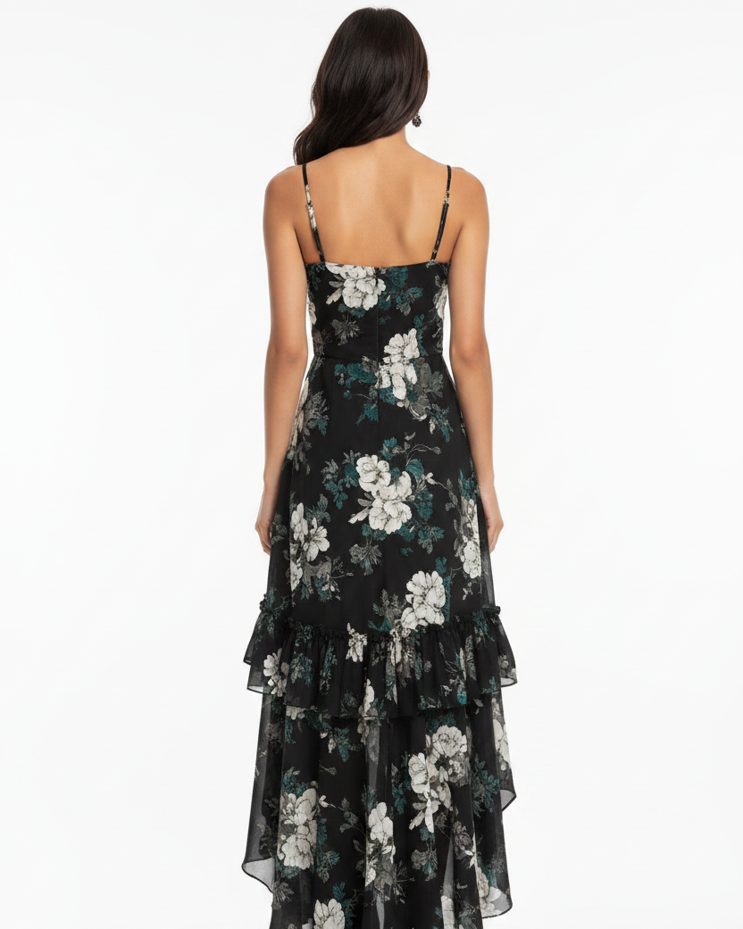 Women's Floral Ruffle Hem Maxi Dress - Back