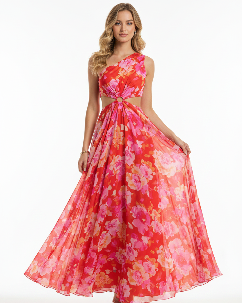 One-Shoulder Hollow Cut Sleeveless Maxi Dress