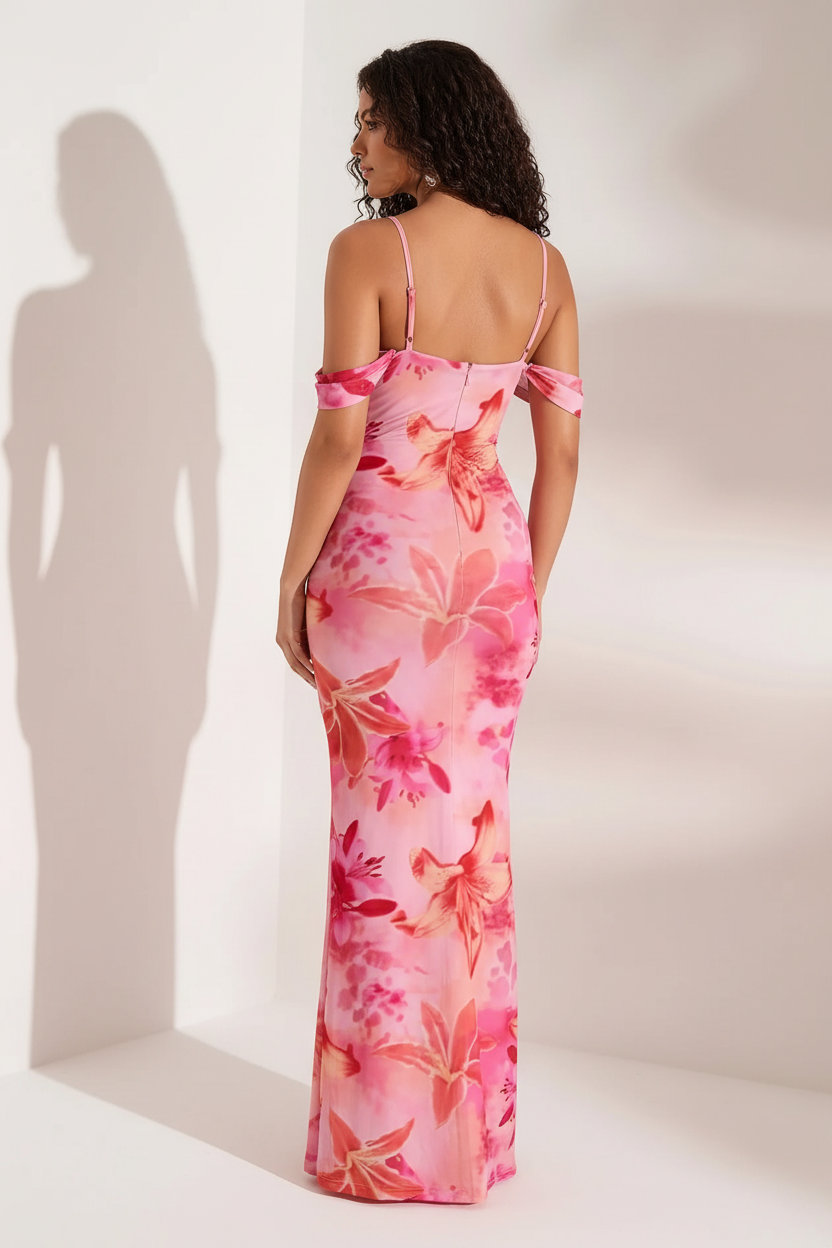 Pink Floral Off-Shoulder Mermaid Dress - Back