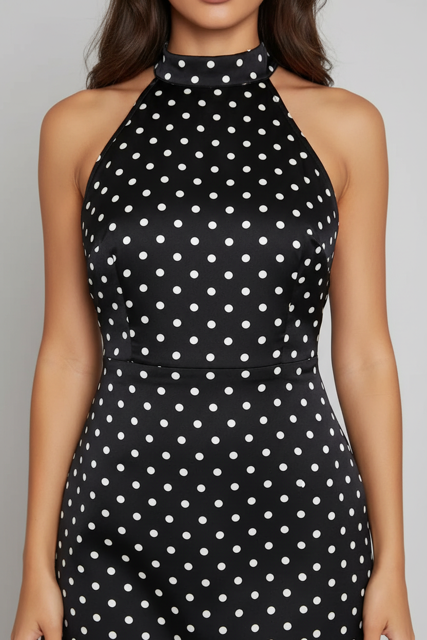 Women's Halter Dot Print Backless Sheath Mini Dress Black – Detail Close-Up