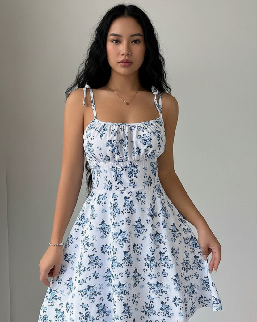 Women's Summer Floral Spaghetti Strap Beach Sundress - Front