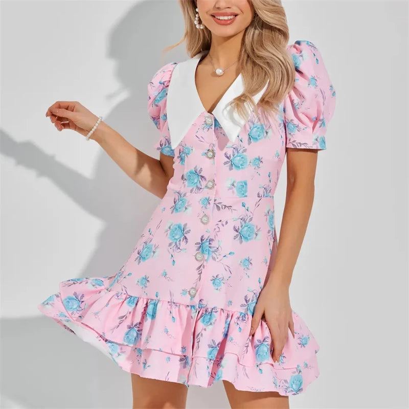 Puff Sleeve Pearl Ruffled Mini Dress | V-Neck A-Line Sweet Party Dress