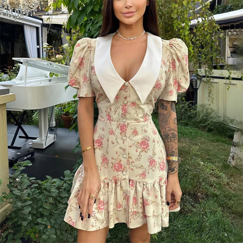 Puff Sleeve Pearl Ruffled Mini Dress | V-Neck A-Line Sweet Party Dress