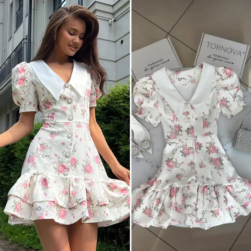 Puff Sleeve Pearl Ruffled Mini Dress | V-Neck A-Line Sweet Party Dress