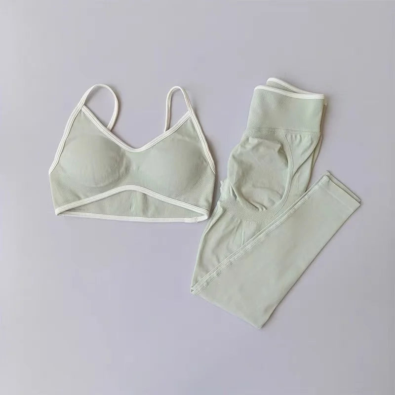 Strappy Contrast Yoga Fitness Suit | Shockproof Quick-Dry Nude Feel Set
