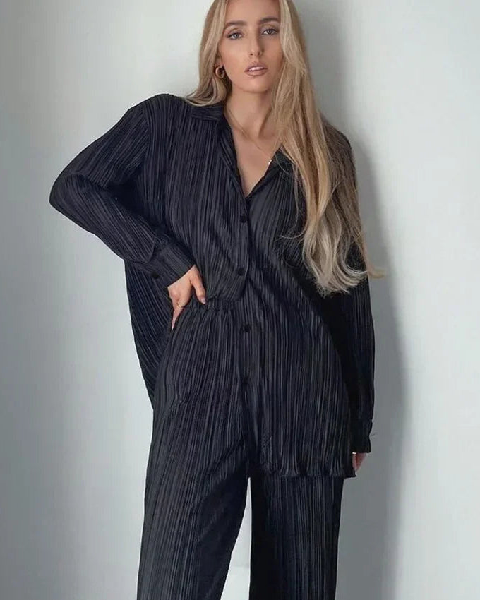 Long Sleeve Shirt & Wide Leg Pants Two-Piece Tracksuit