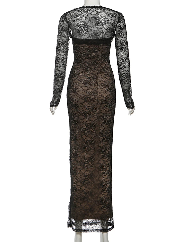 2-Piece Lace Crop Top & Maxi Dress Set | Coquette A-Line Autumn Set