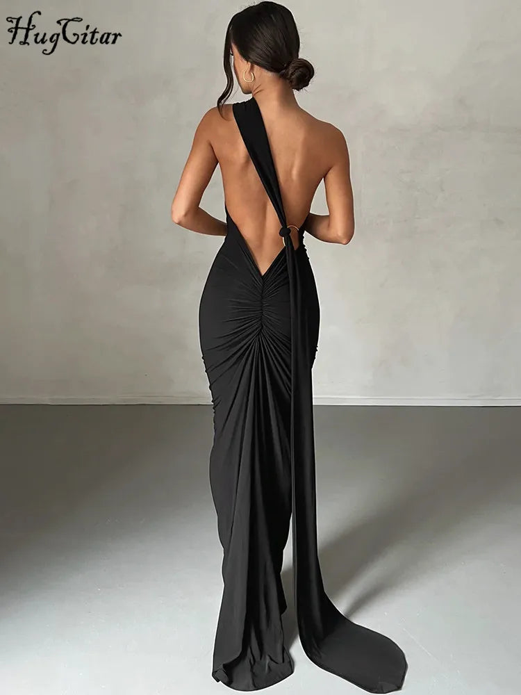 One-Shoulder Ruched Maxi Dress | Backless Scarf Loop Y2K Festival Gown