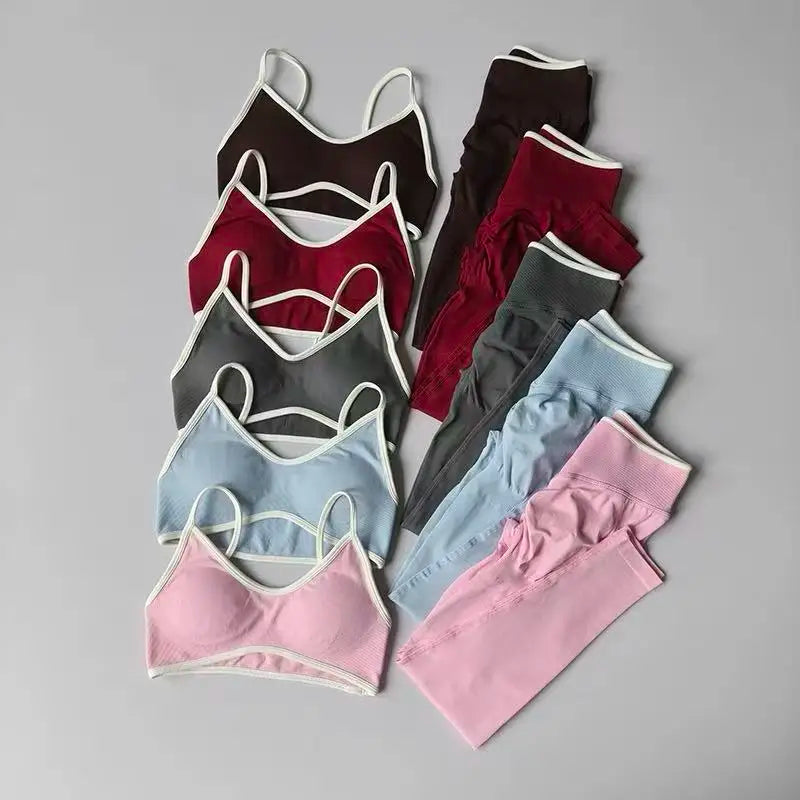 Strappy Contrast Yoga Fitness Suit | Shockproof Quick-Dry Nude Feel Set