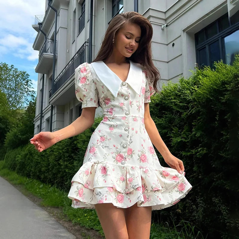 Puff Sleeve Pearl Ruffled Mini Dress | V-Neck A-Line Sweet Party Dress