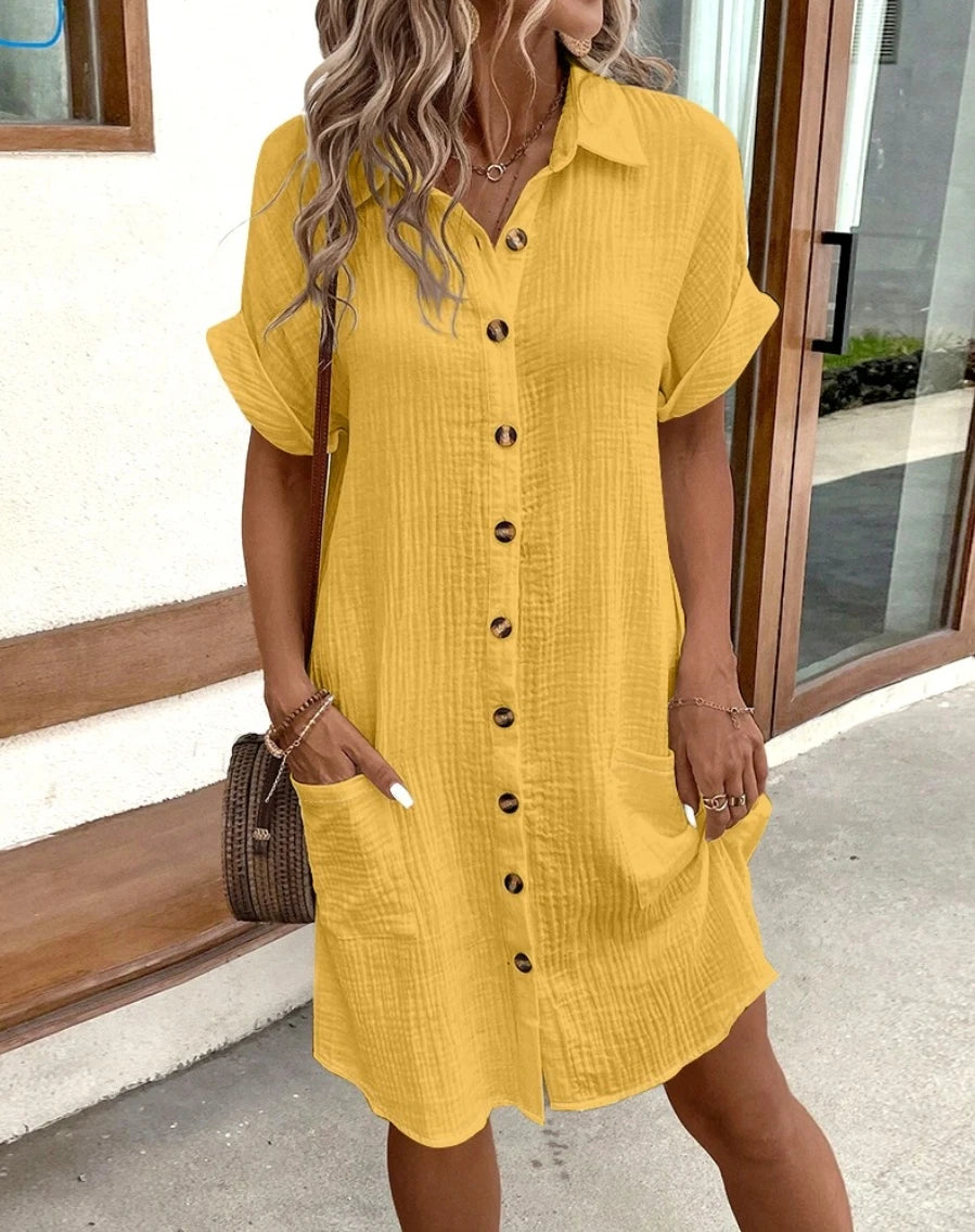 V-Neck Cotton Linen Mini Dress | Loose Casual Knee-Length with Pockets