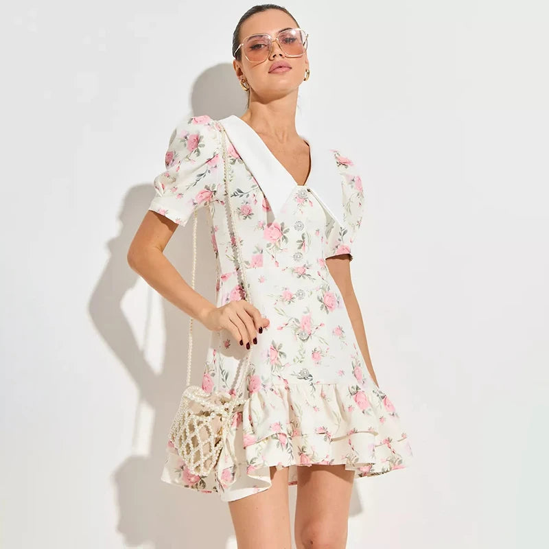 Puff Sleeve Pearl Ruffled Mini Dress | V-Neck A-Line Sweet Party Dress