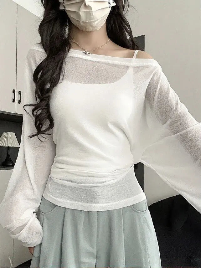 Sheer Oversized Off-Shoulder Top | Back Bandage Long Sleeve Tee