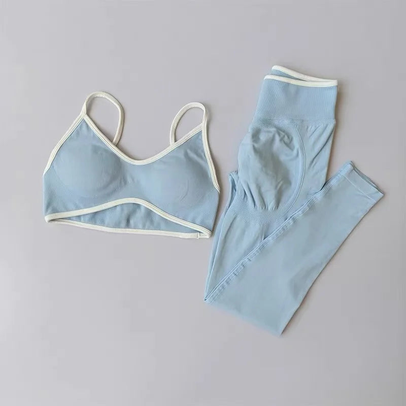 Strappy Contrast Yoga Fitness Suit | Shockproof Quick-Dry Nude Feel Set