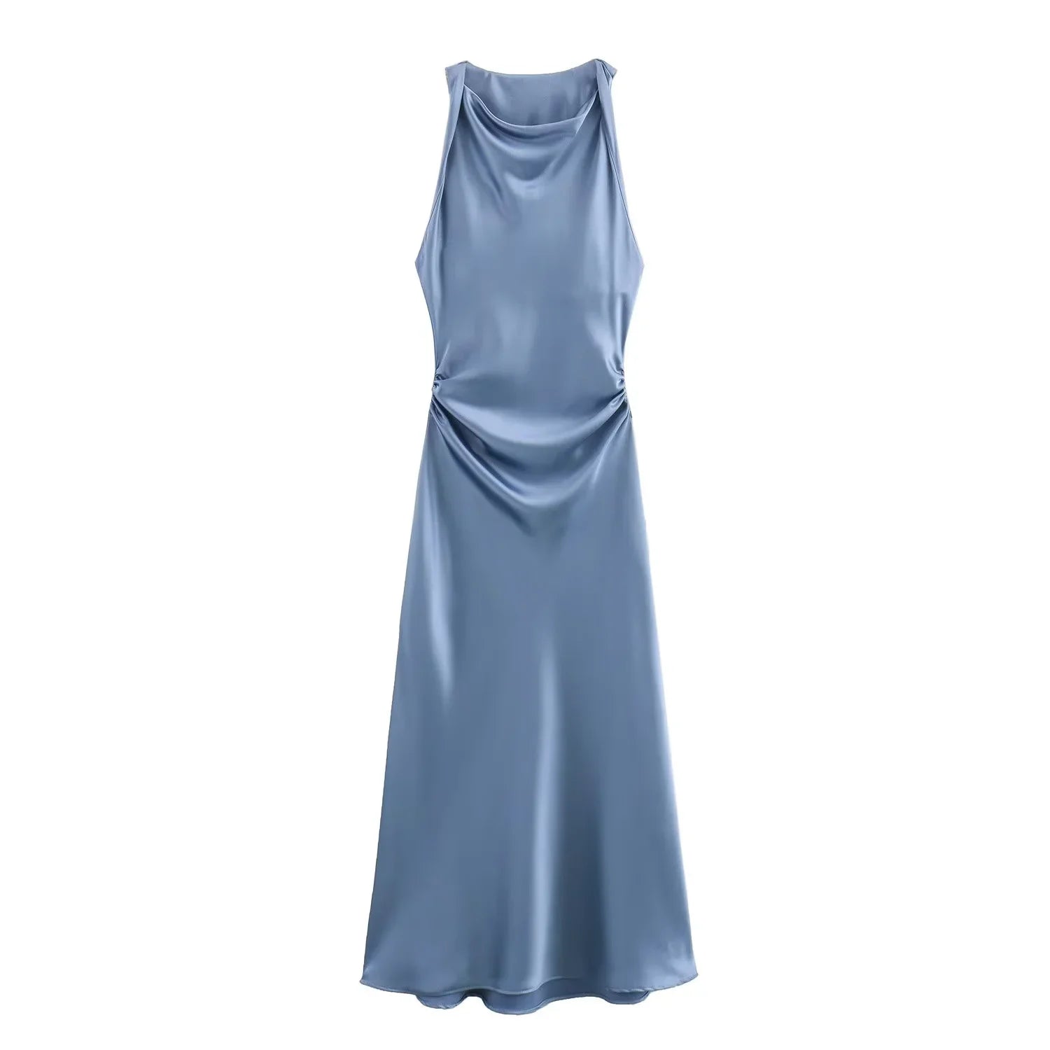 Halter Satin Slip Midi Dress | A-Line Sleeveless Summer Evening Dress