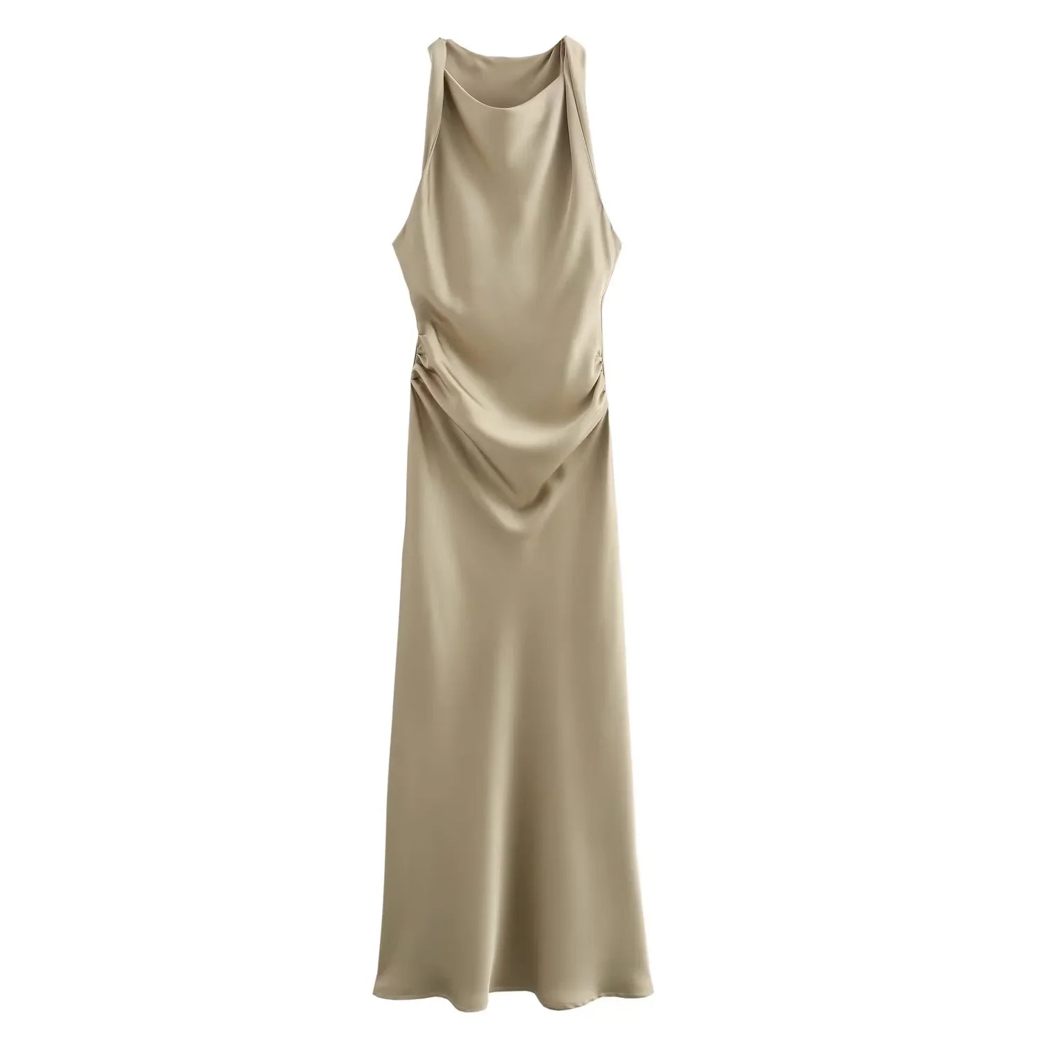 Halter Satin Slip Midi Dress | A-Line Sleeveless Summer Evening Dress